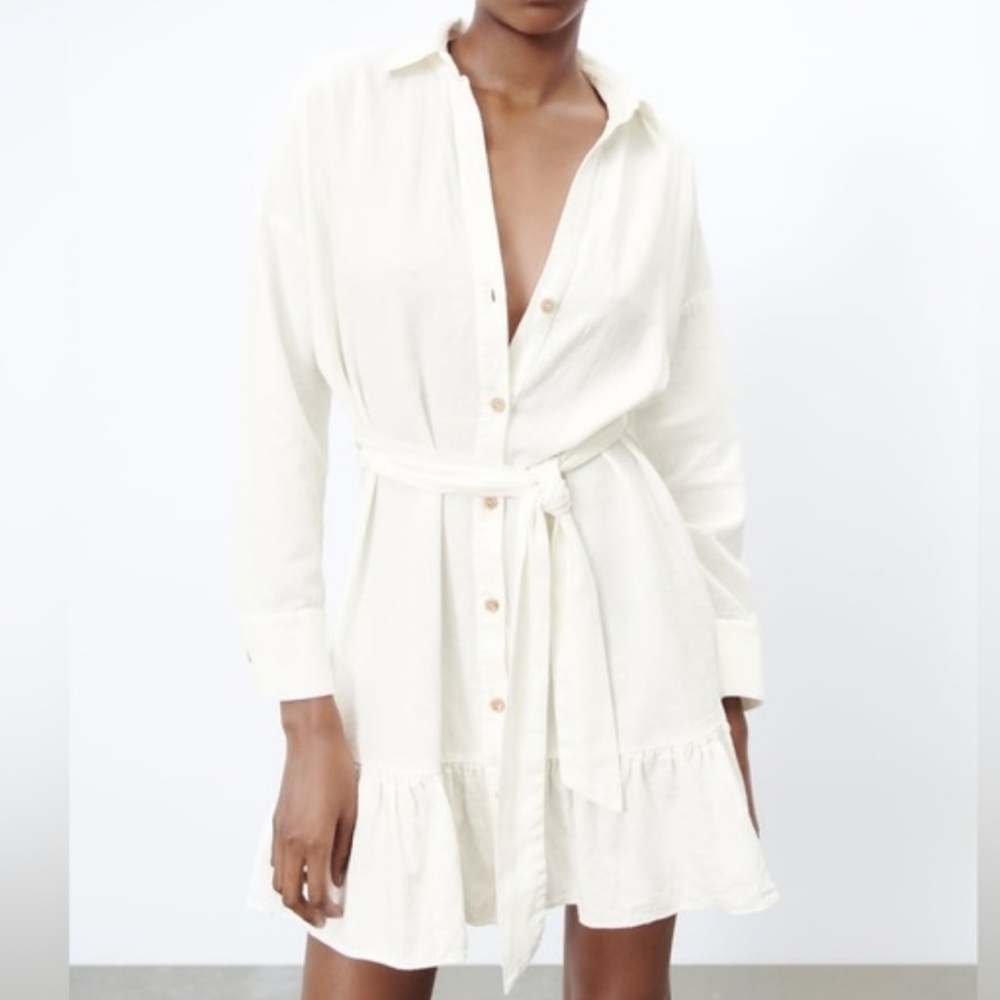 Zara Linen blend Belted Shirt Dress Size M